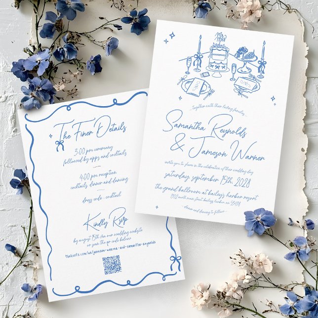 Retro Hand Drawn Scribble Blue & White Wedding Invitation (Modern minimalist hand drawn handwritten quirky blue and white scribbles doodles wedding invitation)