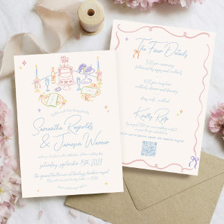 Retro Hand Drawn Scribble Pastel & Blue Wedding Invitation