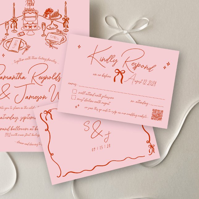 Retro Hand Drawn Scribble Pink & Red Wedding RSVP Card (Minimalist retro pink and red hand drawn bow scribble doodle qr code wedding invitation rsvp card)
