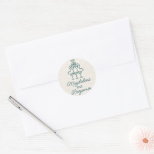 Retro Hand Drawn Teal Champagne Tower Names Classic Round Sticker