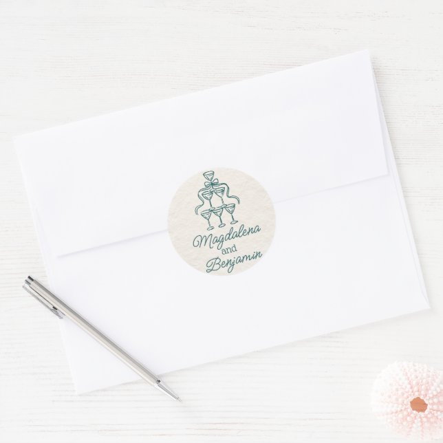 Retro Hand Drawn Teal Champagne Tower Names Classic Round Sticker (Envelope)