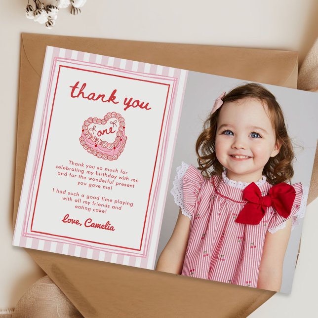 Retro Hand Drawn Valentine First Birthday Photo Thank You Card (Creator Uploaded)