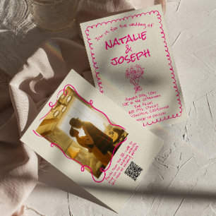 Retro Hand Drawn Vivid Pink Photo QR Code Wedding Invitation
