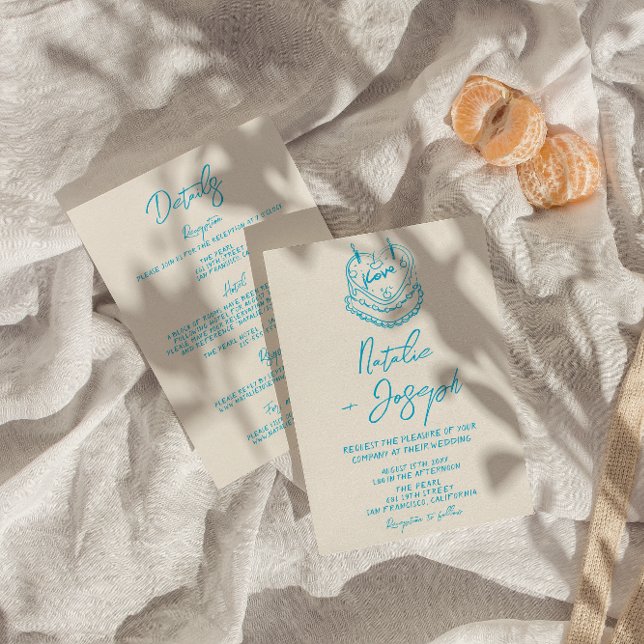 Retro Hand Drawn Written Cake All In One Wedding Invitation (Creator Uploaded)