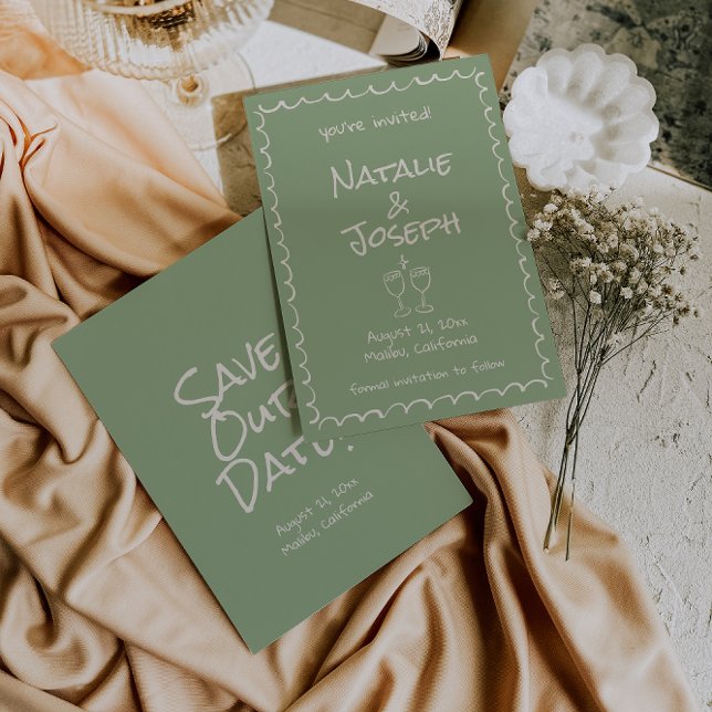 Retro Hand Drawn Written Green Funky Boho Wedding Save The Date (Creator Uploaded)