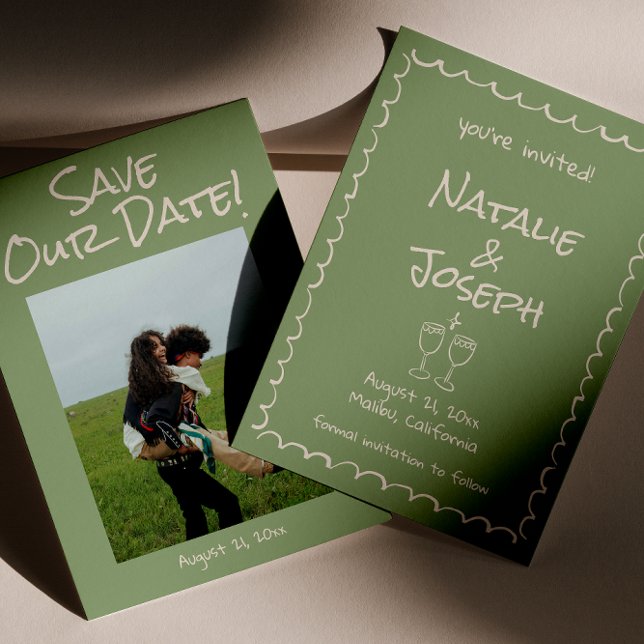 Retro Hand Drawn Written Green Funky Photo Wedding Save The Date (Creator Uploaded)