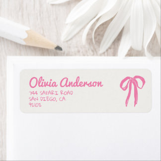 Retro Hand Drawn Written Pink Bow Baby Shower Return Address Label
