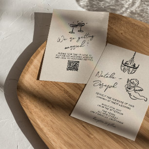 Retro Hand Drawn Written Quirky QR Code Wedding Invitation