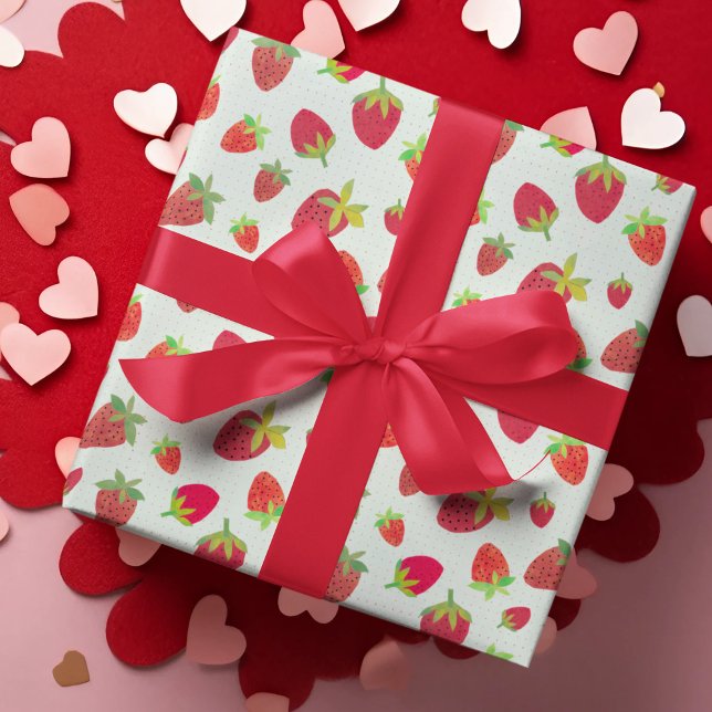 Retro Hand-Illustrated Chic Mint Green Strawberry Wrapping Paper (Our retro dotted, hand-illustrated strawberry gift wrap is perfect for Valentine's Day or any time!)