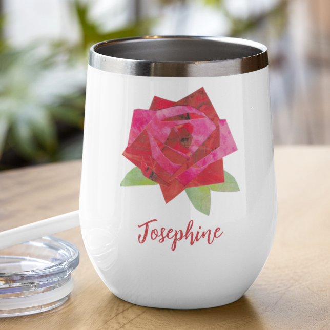 Retro Hand-Illustrated Red Rose Unique Custom (This floral wine tumbler features my own original mid-century style bold red rose, and chic script.
)