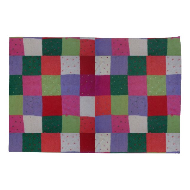 retro hand knitted colourful patchwork pillowcase (Back)