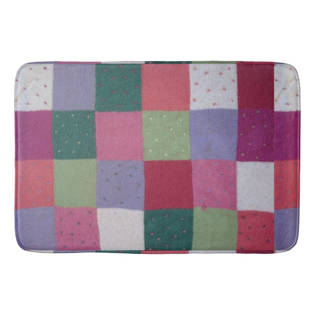 retro hand knitted colourful patchwork squares bath mat (Front)