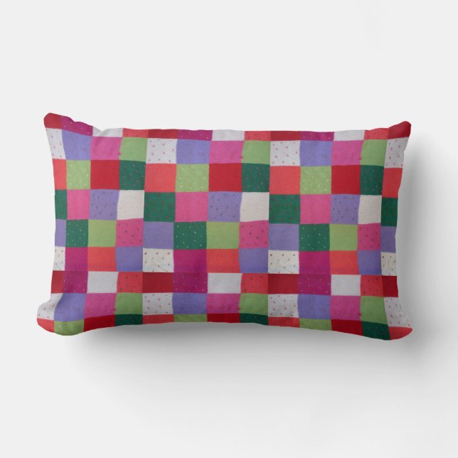 retro hand knitted colourful patchwork squares lumbar cushion (Front)
