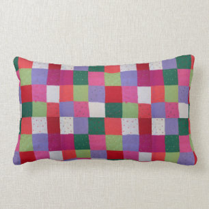 retro hand knitted colourful patchwork squares lumbar cushion