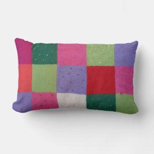 retro hand knitted colourful patchwork squares lumbar cushion