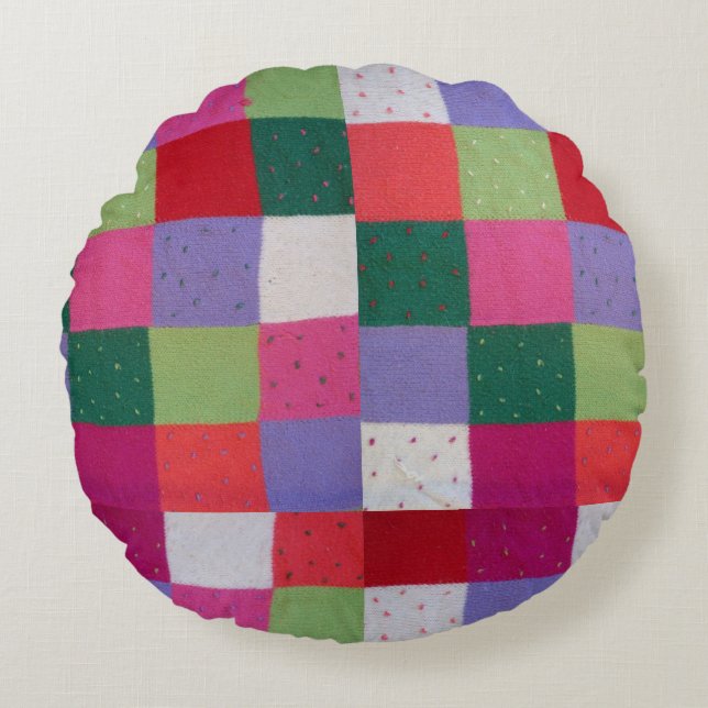 retro hand knitted colourful patchwork squares  round cushion (Front)