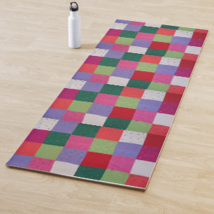 retro hand knitted colourful patchwork squares yoga mat