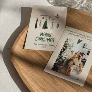 Retro Hand Painted Drawn Green Christmas Trees  Holiday Card