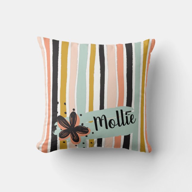 Retro Hand-Painted Stripe Pattern Floral Accent Cushion (Front)