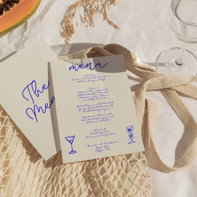Retro Hand Written Drawn Blue Whimsical Wedding  Menu (Creator Uploaded)
