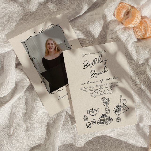 Retro Hand Written Drawn Photo Birthday Brunch Invitation (Creator Uploaded)