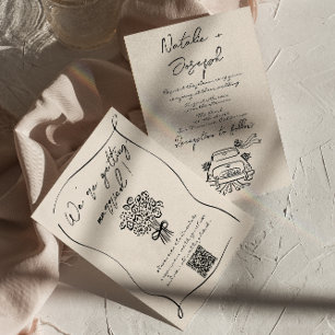 Retro Hand Written Drawn Romantic QR Code Wedding Invitation