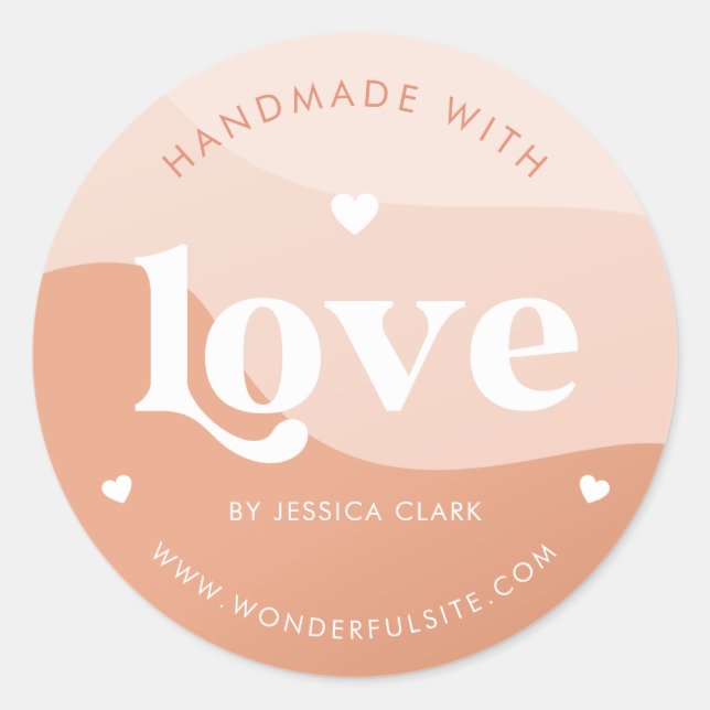 Retro Handmade with Love Heart Peach Boho Waves Classic Round Sticker (Front)