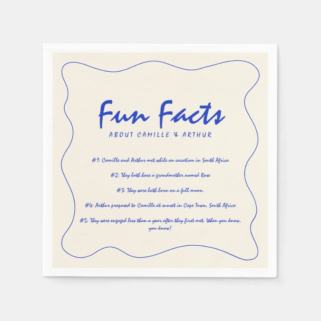 Retro Handwritten Fun Facts Blue Wedding Napkin (Front)