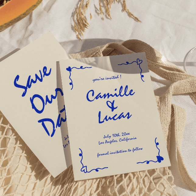 Retro Handwritten Whimsical Blue Save the dates Invitation (Creator Uploaded)