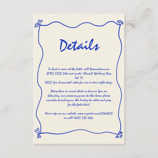 Retro Handwritten Whimsical Blue Wedding Detail  Enclosure Card (Front)