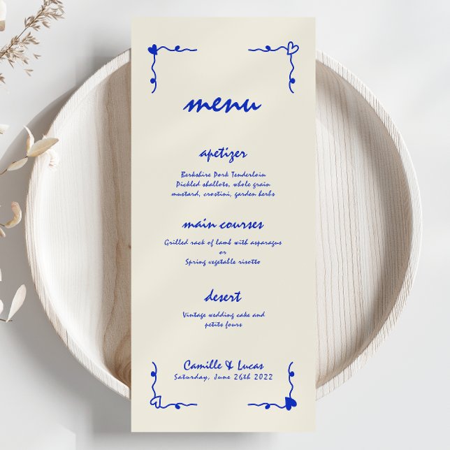 Retro Handwritten Whimsical Blue Wedding Menu (Creator Uploaded)