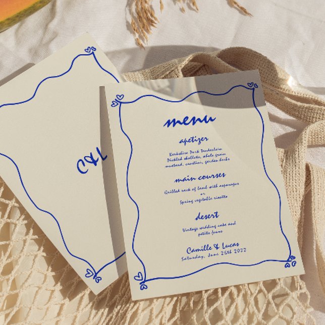 Retro Handwritten Whimsical Blue Wedding Menu Invitation (Creator Uploaded)