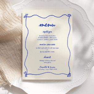 Retro Handwritten Whimsical Blue Wedding Menu Invitation