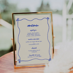 Retro Handwritten Whimsical Blue Wedding Menu Invitation