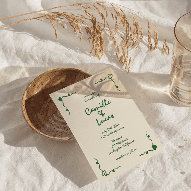Retro Handwritten Whimsical Green Wedding  Invitation (Creator Uploaded)