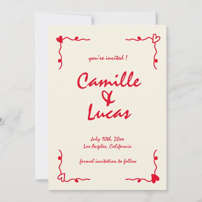 Retro Handwritten Whimsical Red Save the dates Invitation (Front)