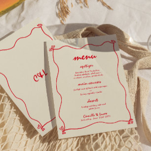 Retro Handwritten Whimsical Red Wedding Menu Invitation