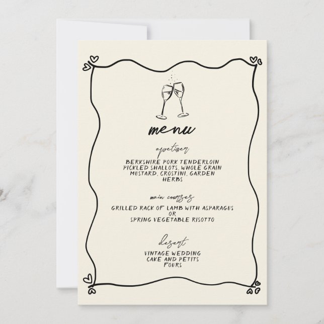 Retro Handwritten Whimsical Wedding Menu Invitation (Front)