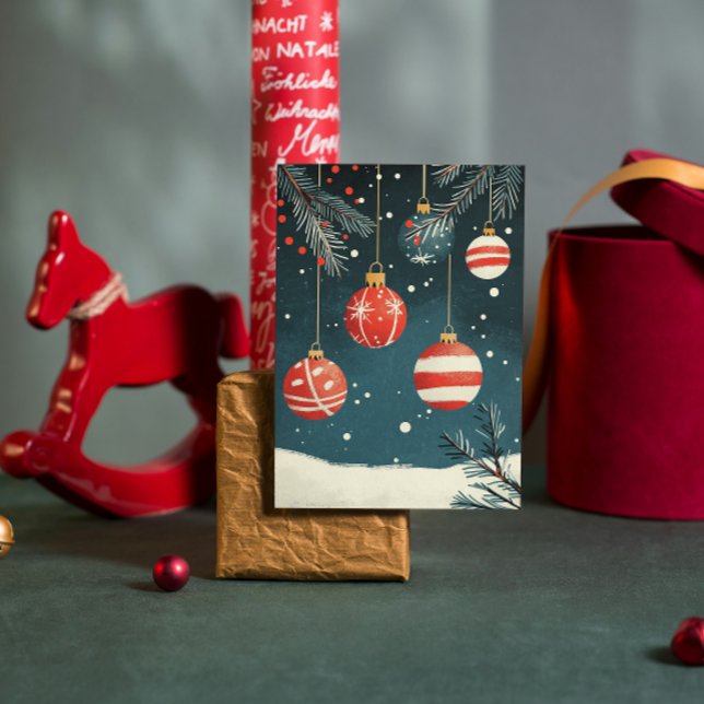 Retro Hanging Ornaments Red White Baubles Xmas Holiday Card (Creator Uploaded)