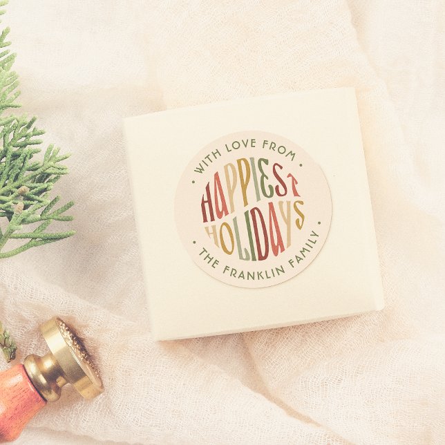 Retro Happiest Holidays Family Name Christmas Classic Round Sticker (Creator Uploaded)