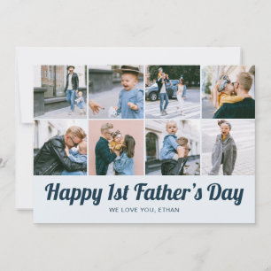 Retro Happy 1st Father's Day 12 Photo Collage Blue Holiday Card