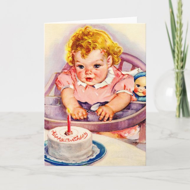 Retro Happy Birthday, Cute Little Baby Girl Card (Front)