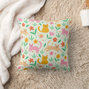 Retro Happy Cats with Orange Red and peach flowers Cushion