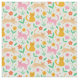 Retro Happy Cats with Orange Red and peach flowers Fabric