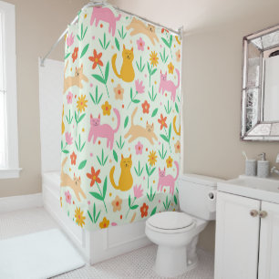 Retro Happy Cats with Orange Red and peach flowers Shower Curtain
