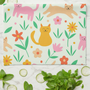 Retro Happy Cats with Orange Red and peach flowers Tea Towel