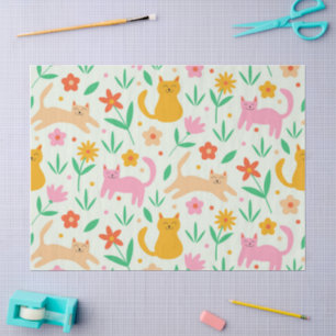 Retro Happy Cats with Orange Red and peach flowers Tissue Paper