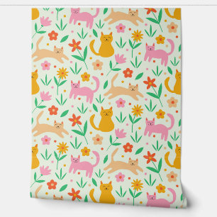 Retro Happy Cats with Orange Red and peach flowers Wallpaper