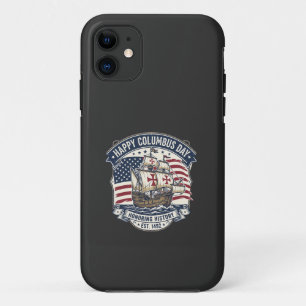 Retro Happy Columbus Day Caravel Ship and USA Flag iPhone 11 Case