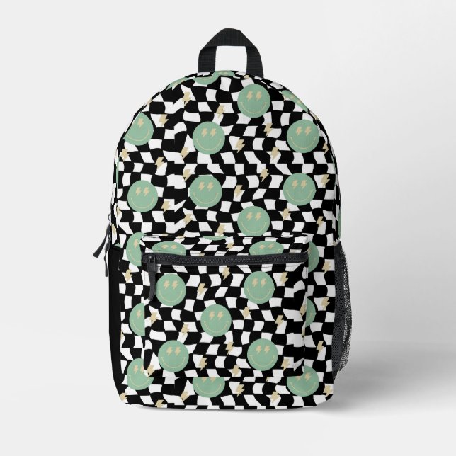 Retro Happy Face Check and Lightening Bolts Printed Backpack (Front)